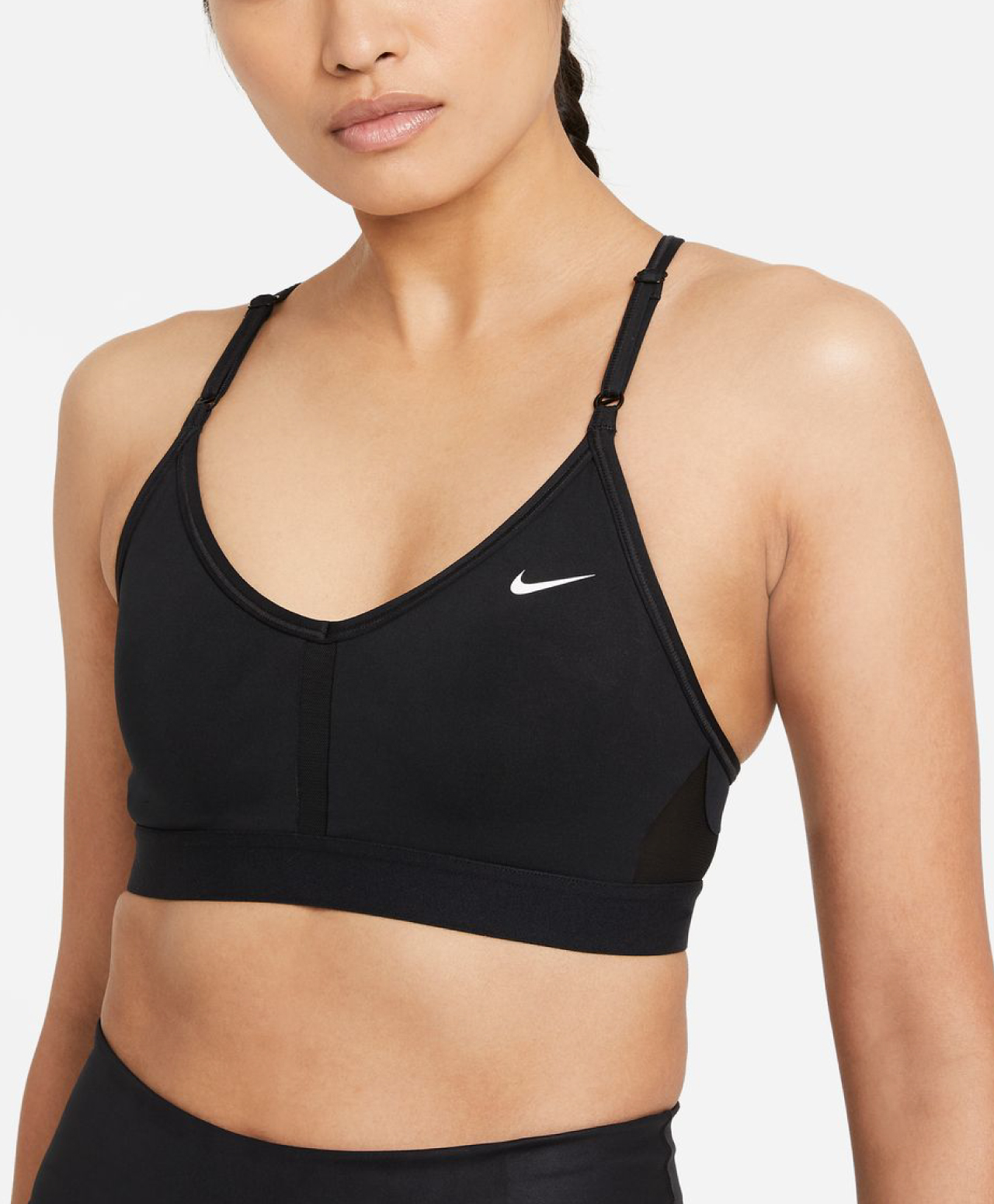 NIKE INDY WOMENS LIGHT-SUPPORT PADDED V-NECK SPORTS BRA BLACK/WHITE