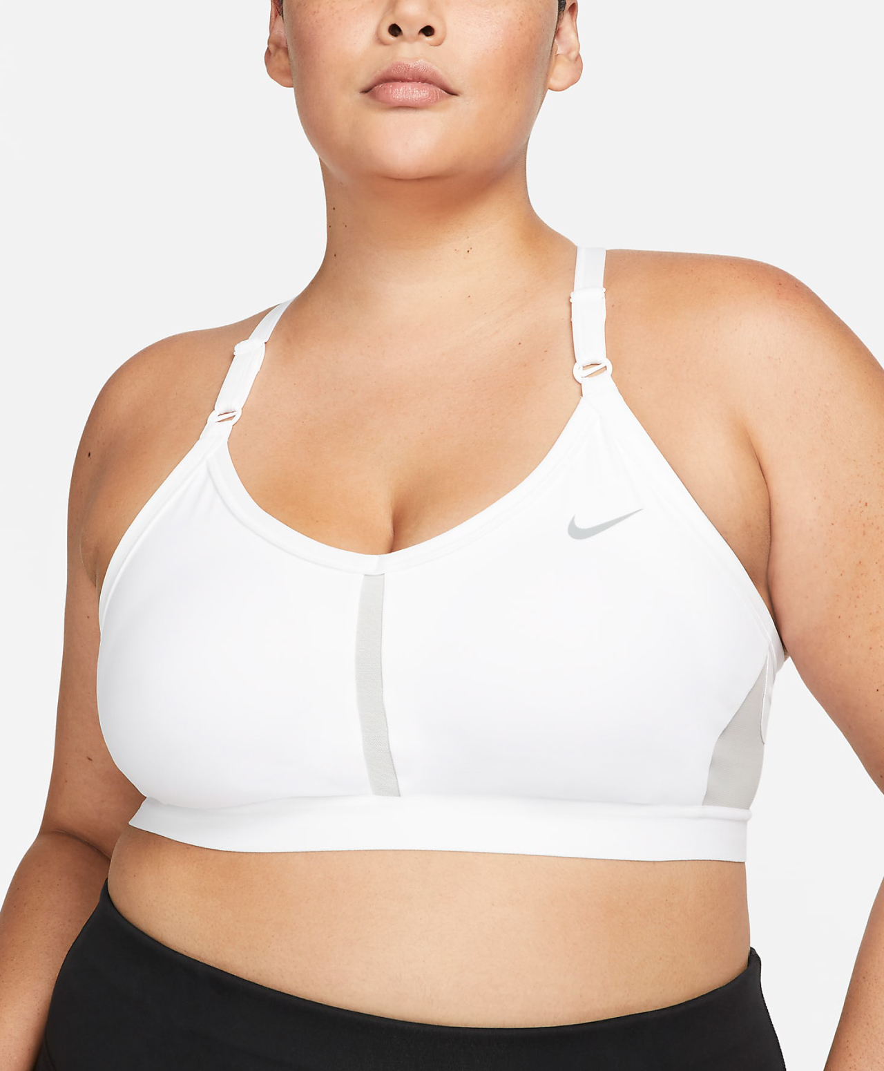 NIKE INDY WOMENS LIGHT-SUPPORT PADDED V-NECK PLUS SIZE SPORTS BRA WHITE/GREY FOG/PARTICLE GREY
