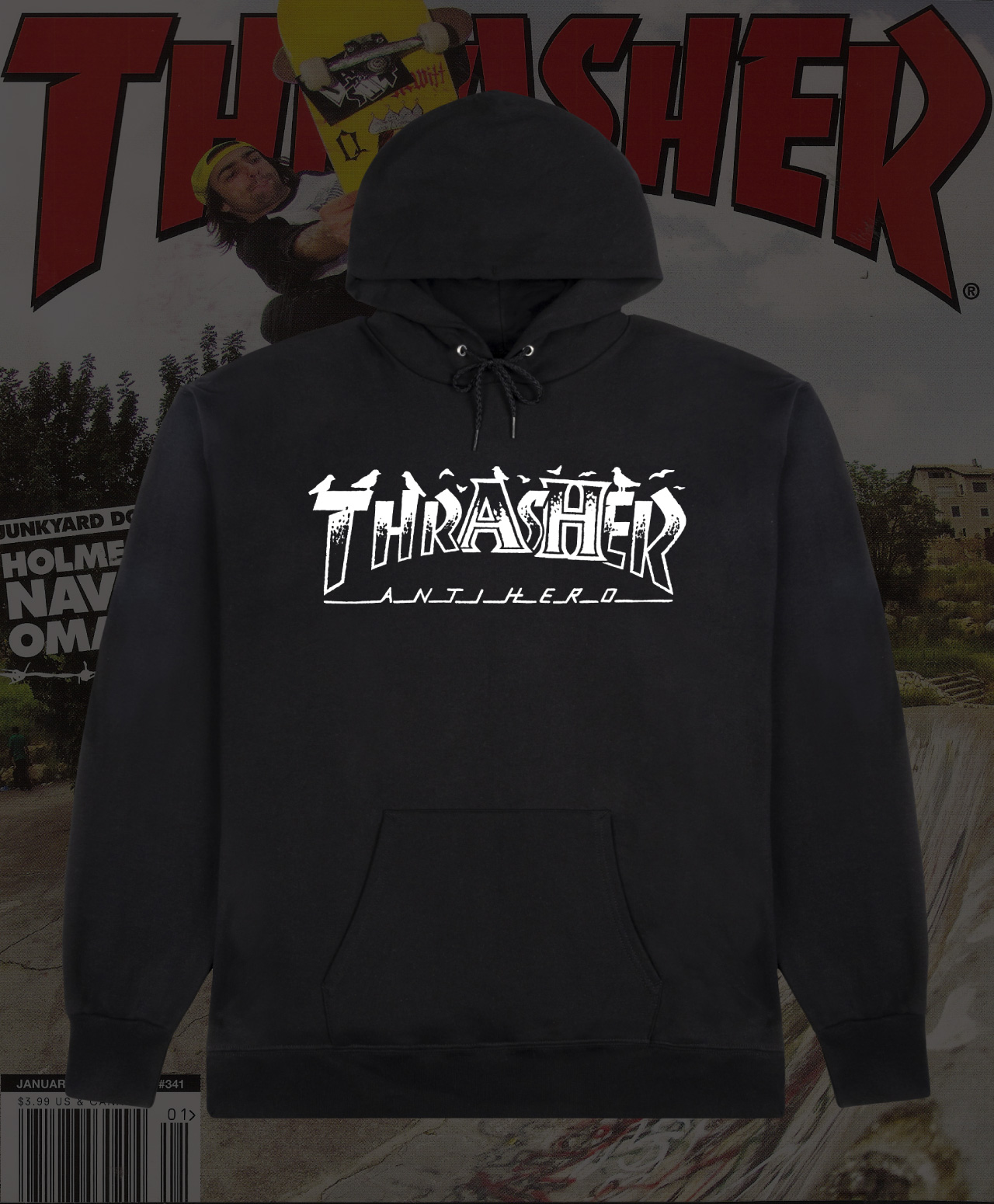 THRASHER X ANTIHERO PIGEON MAG HOOD BLACK