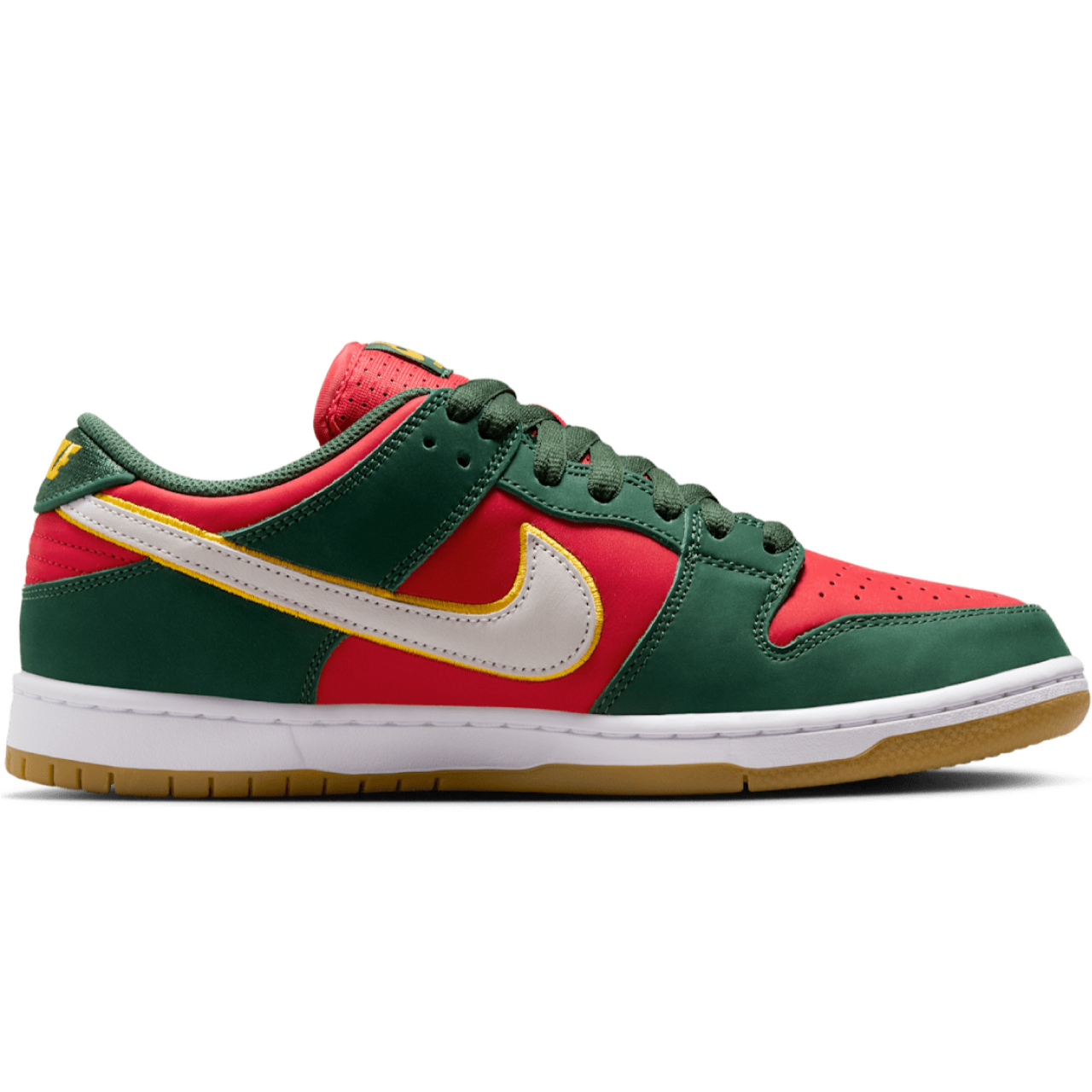 NIKE SB DUNK LOW PRO SEATTLE SUPERSONICS PREMIUM FIR/WHITE-UNIVERSITY GOLD-FIRE RED