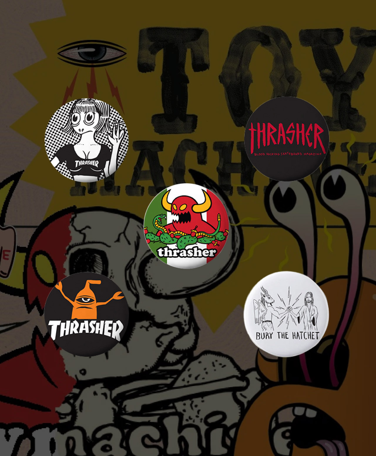 THRASHER X TOY MACHINE 1 BUTTON 5-PACK MULTI