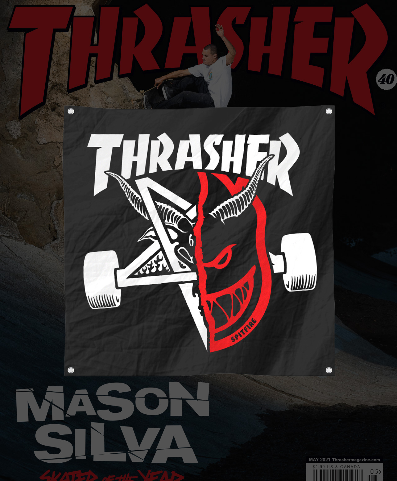 THRASHER X SPITFIRE THRASH & BURN BANNER BLACK